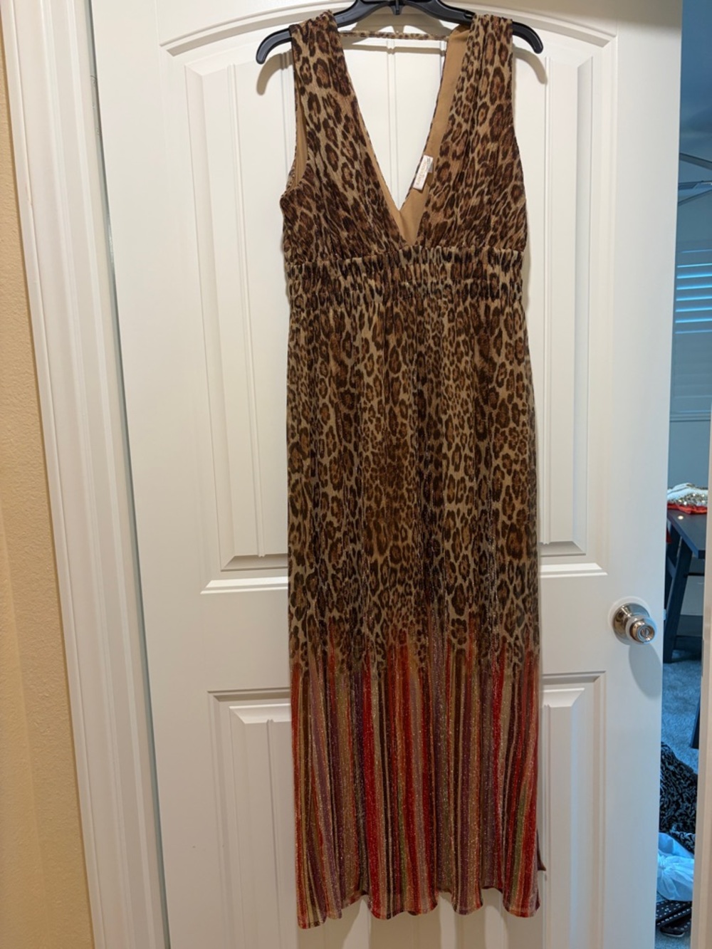 Ramy Brook Brown Leopard Print Maxi Dress with Multicolor Striped Hem